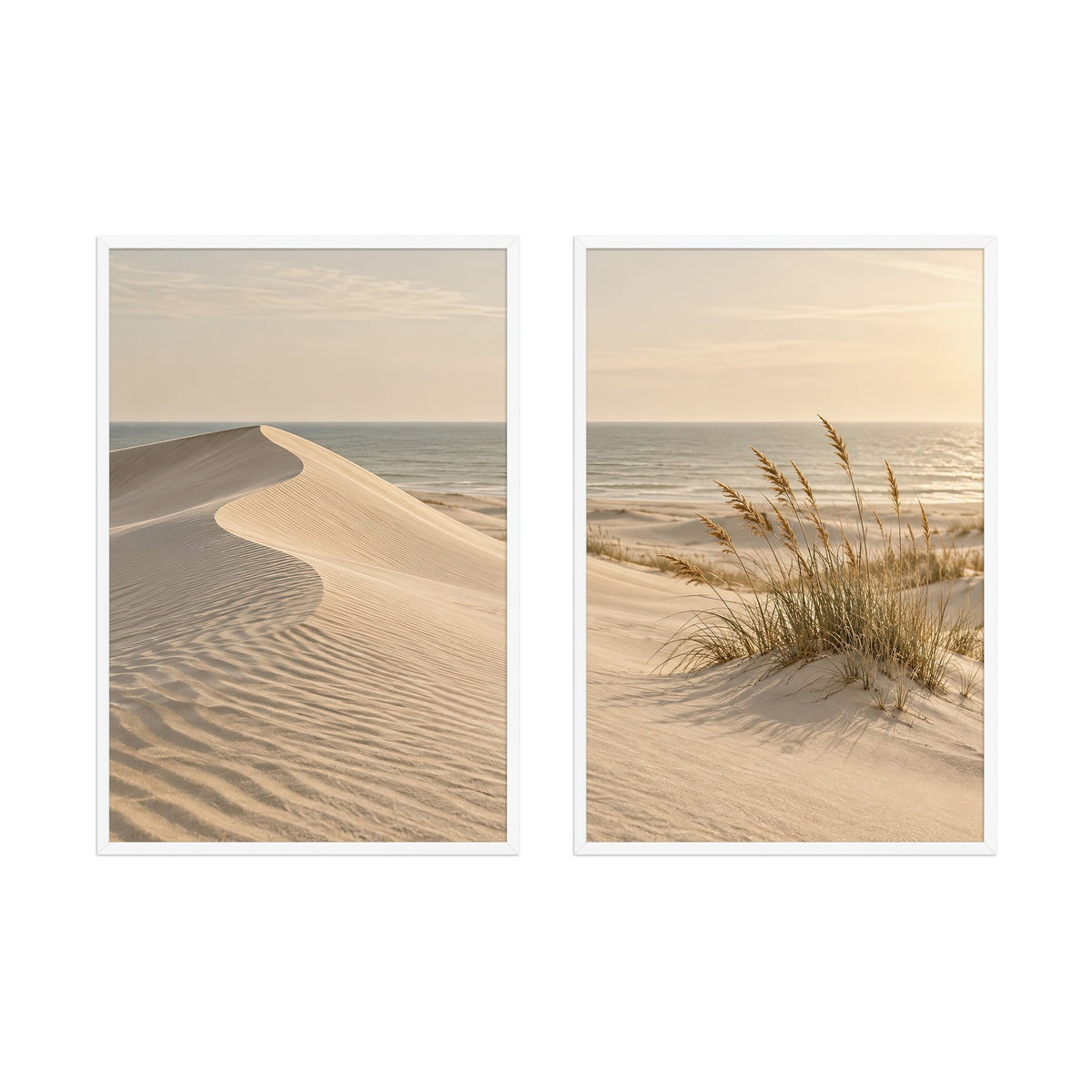 Stranden med Sandrör — inramad diptyk, vita ramar
