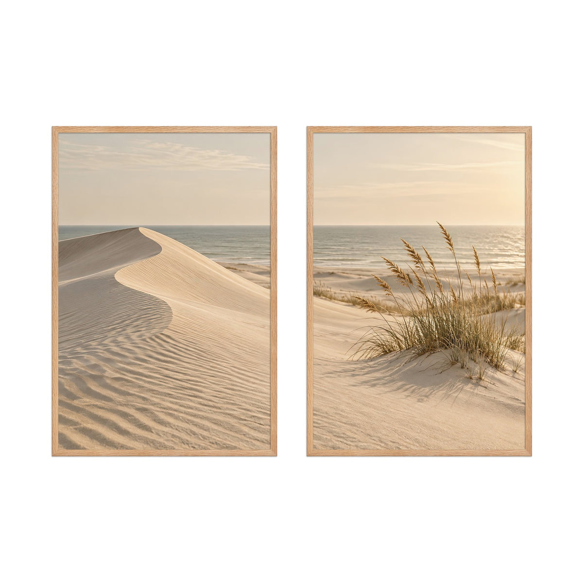 Stranden med Sandrör — inramad diptyk, ramar i massiv ek