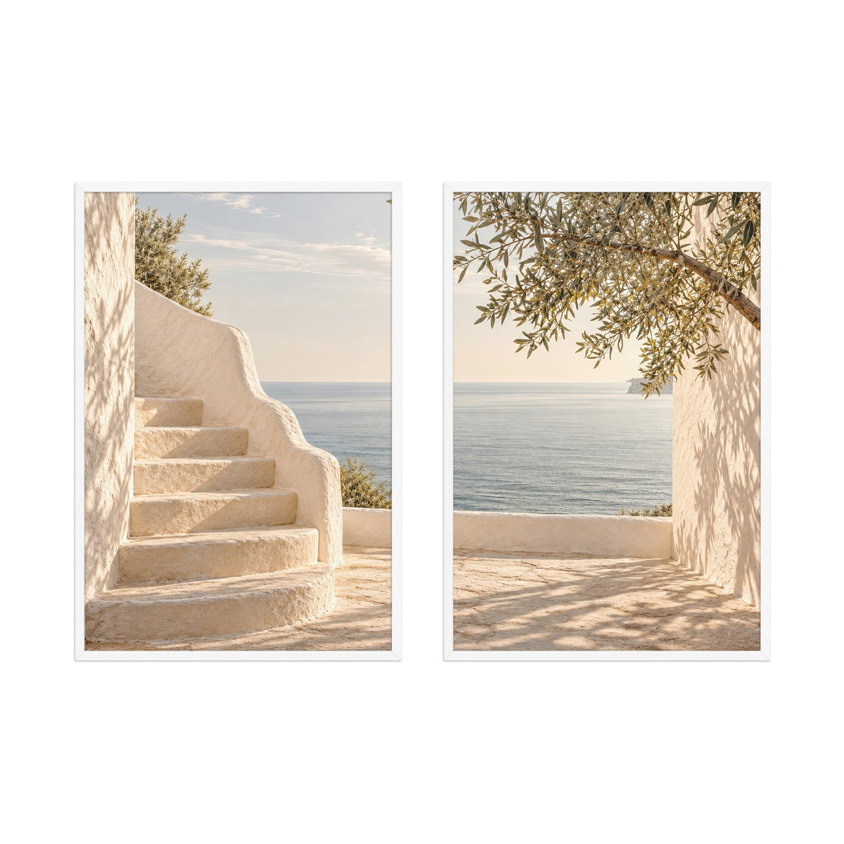 Die Terrasse am Meer — gerahmtes Diptychon, weiße Rahmen