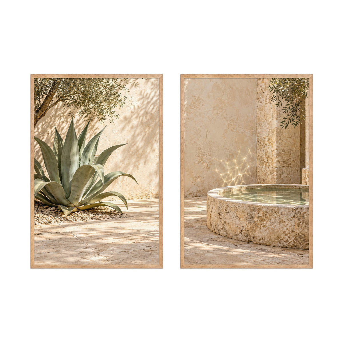 Der Schattige Patio — gerahmtes Diptychon, Rahmen aus massiver Eiche