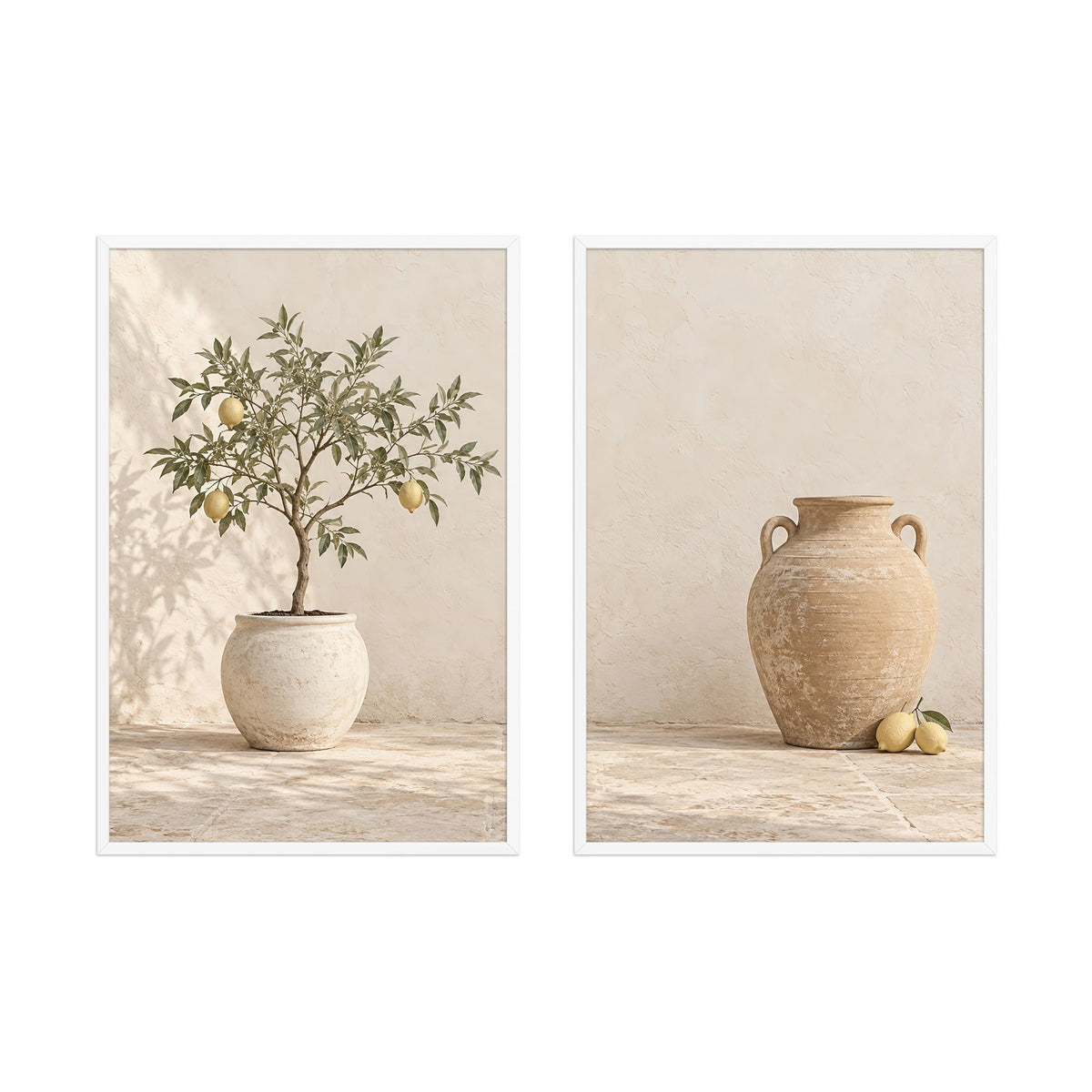 Die Zitronen im Patio — gerahmtes Diptychon, weiße Rahmen