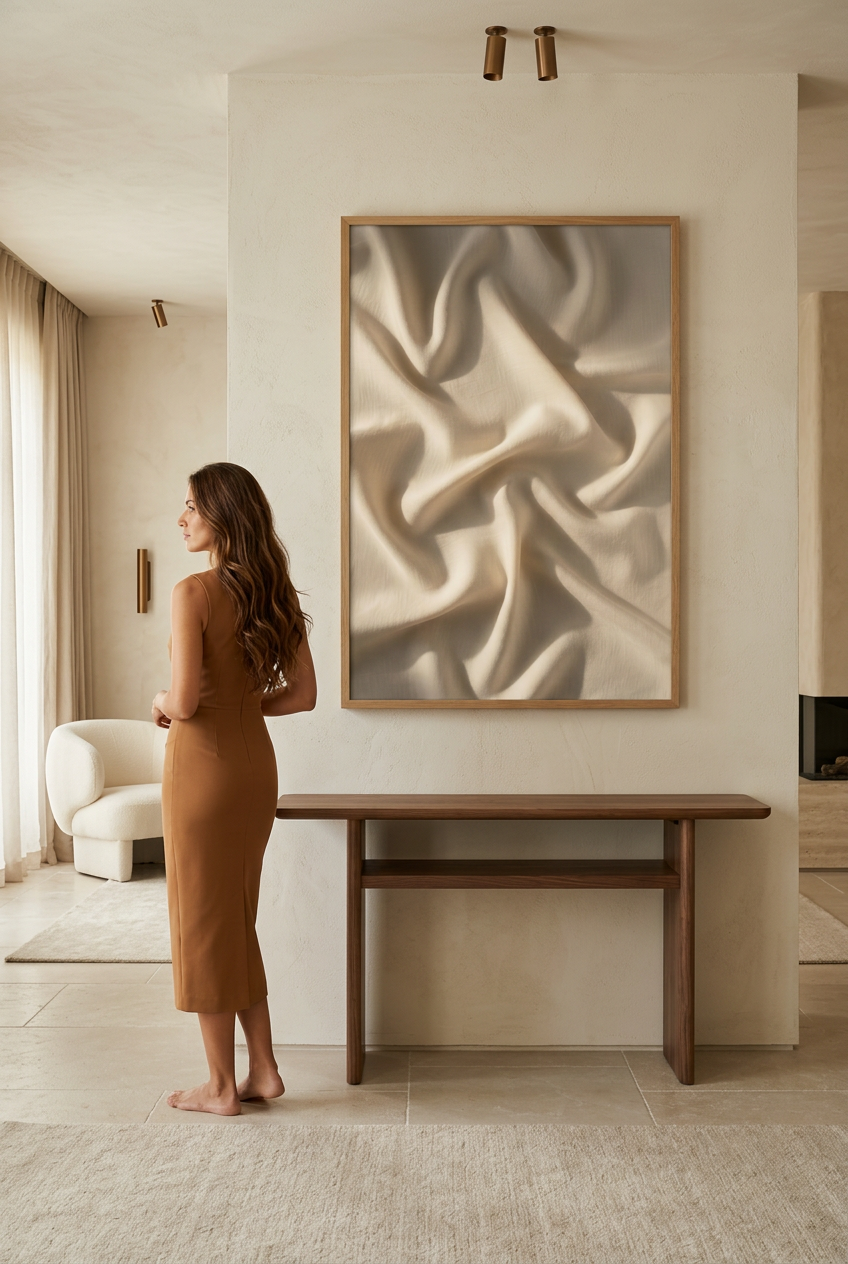 Silk Drape — woman in front of the poster in an oak frame