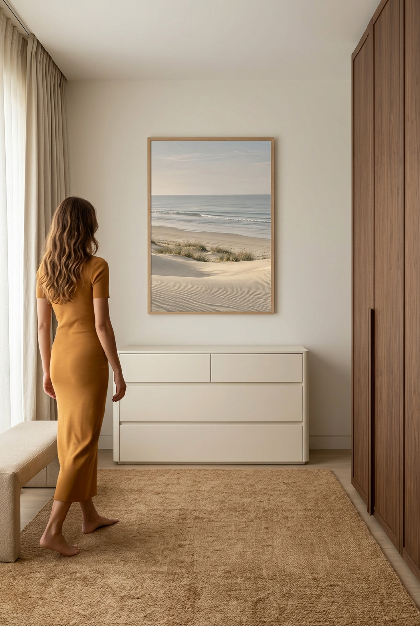 La Vague Lointaine — femme devant l'affiche en cadre chêne
