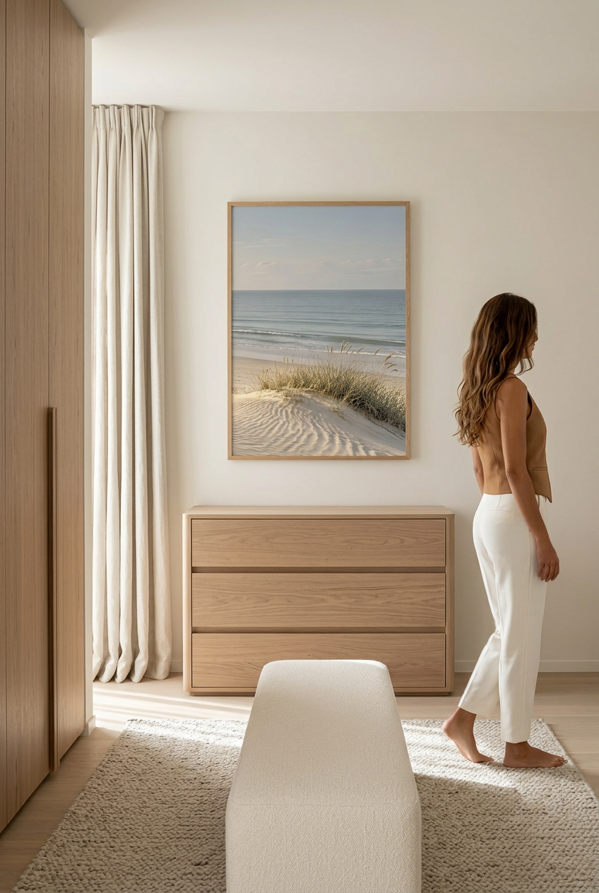 Le Sable Ridé — femme devant l'affiche en cadre chêne