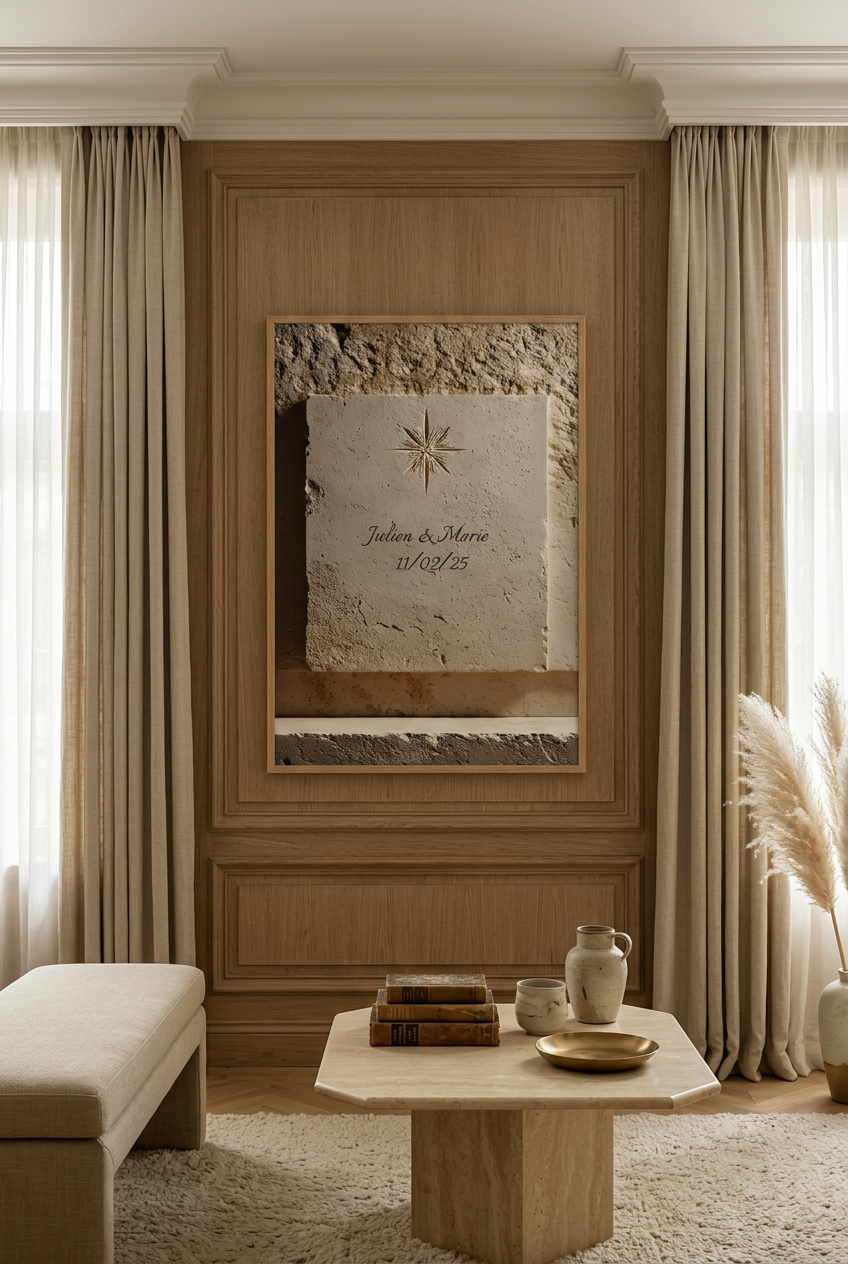 The Engraved Star — personalised wall poster: star engraved in stone with names and a date, in a dressing room