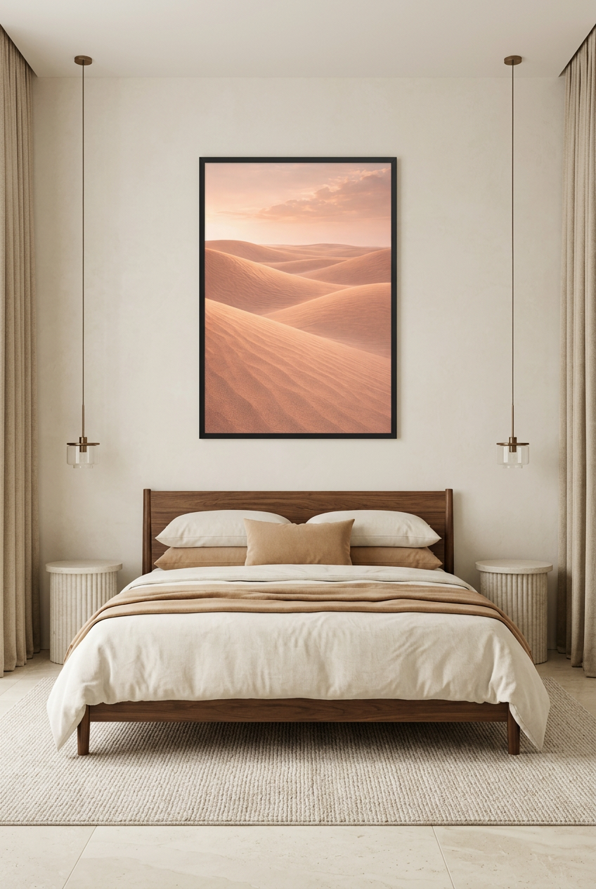 Dunes of Light — poster in a black frame above a bed