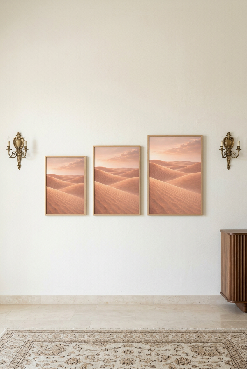 Dunes of Light — three sizes of the poster in oak frames