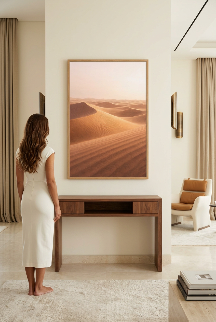 Golden Dunes — woman in front of the poster in an oak frame