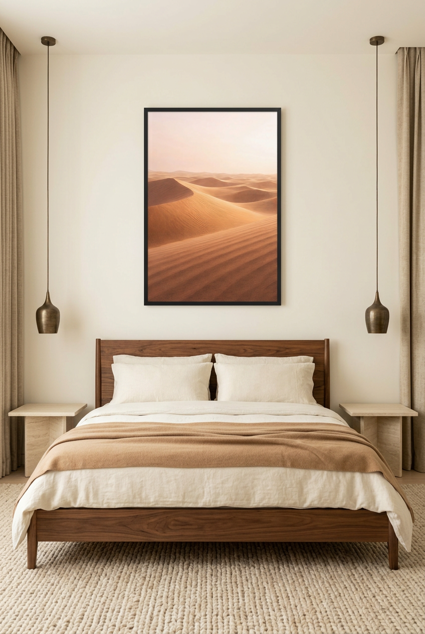 Golden Dunes — poster in a black frame above a bed