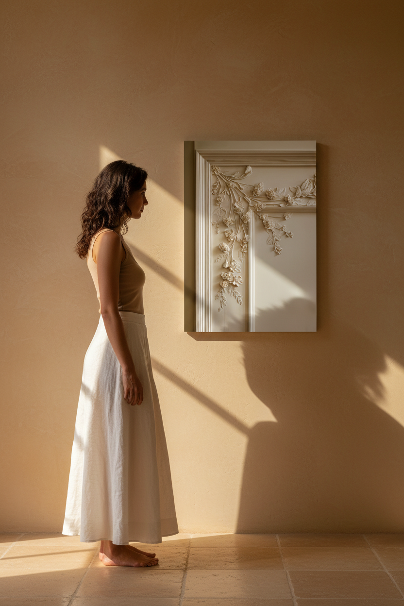 Silhouette in front of the The Woodwork poster in an oak frame — molded panelling and flowers carved in stucco