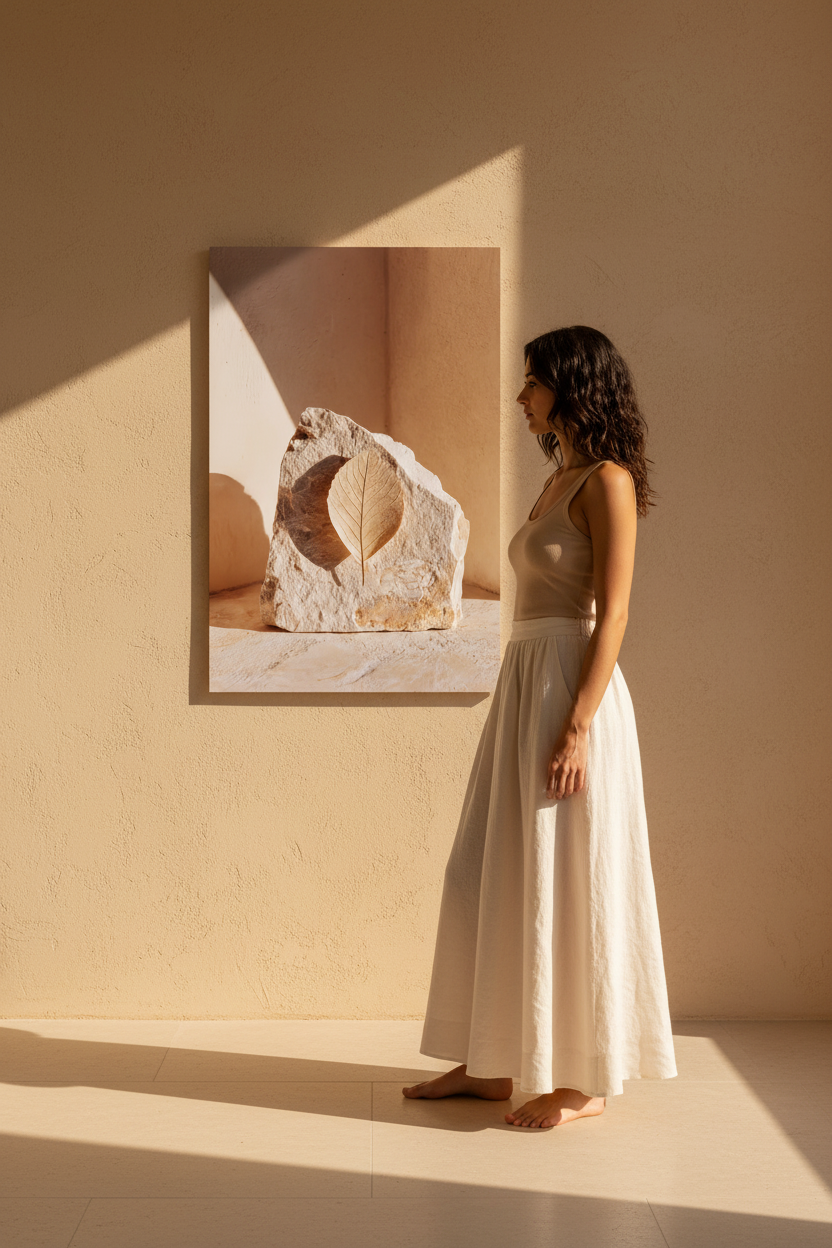 Silhouette in front of the The Stone and the Leaf poster in an oak frame — pierced limestone block and dried leaf