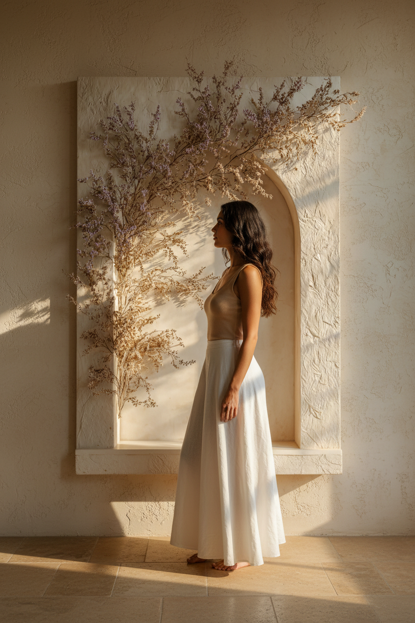 Silhouette in front of the The Flowered Arch poster in an oak frame — dried branches and plaster arched niche