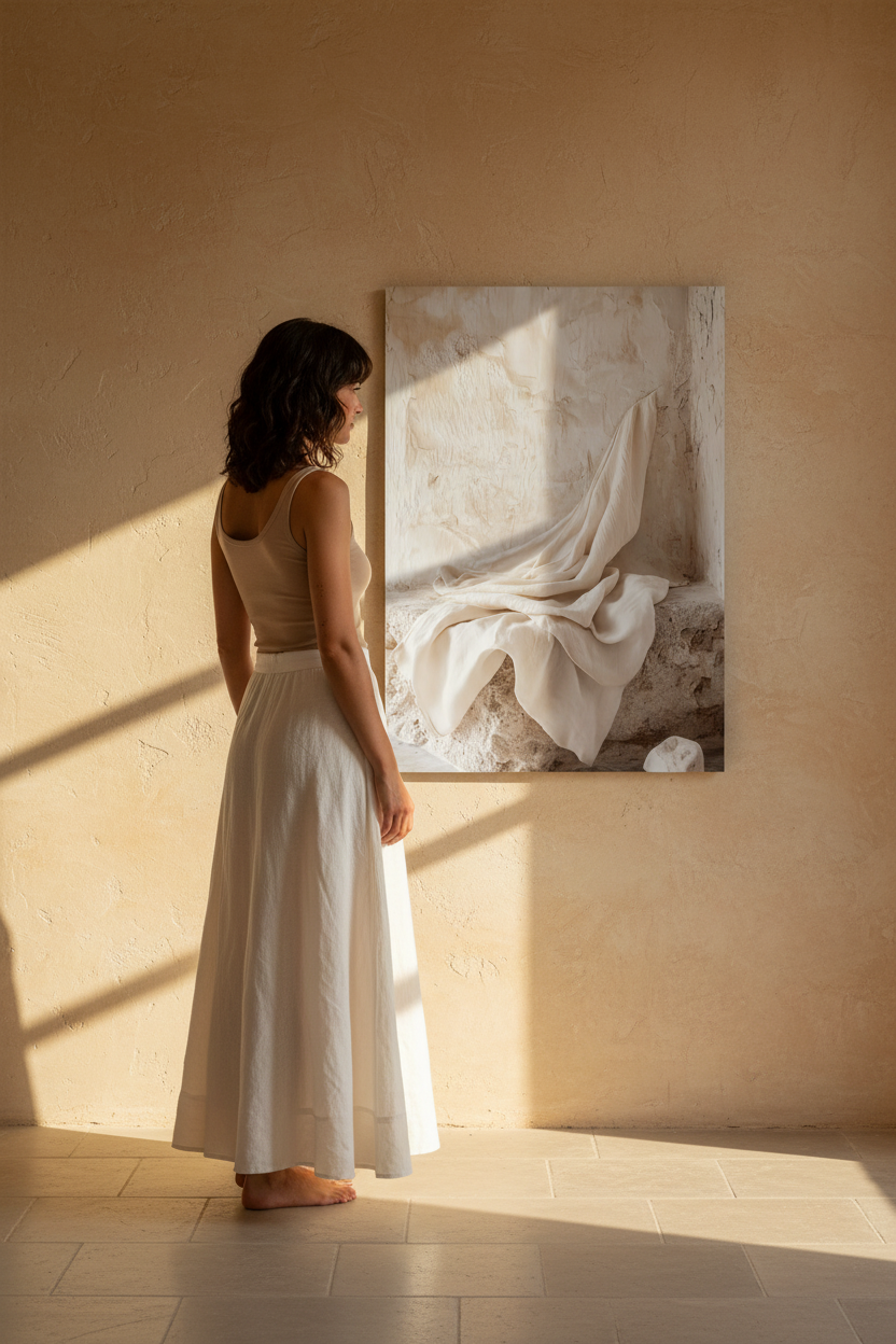 Silhouette in front of the The Abandonment of Linen poster in an oak frame — ivory linen drapery on raw stone