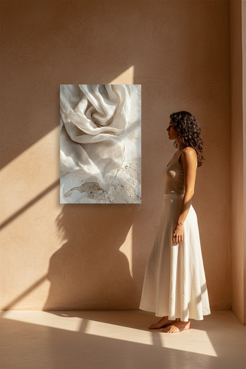 Silhouette in front of the The Ivory Whirlwind poster in an oak frame — abstract ivory linen spiral
