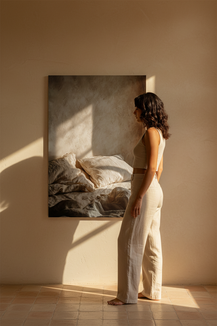 Silhouette in front of the The Awakening Hour poster in an oak frame — unmade bed in crumpled ivory linen