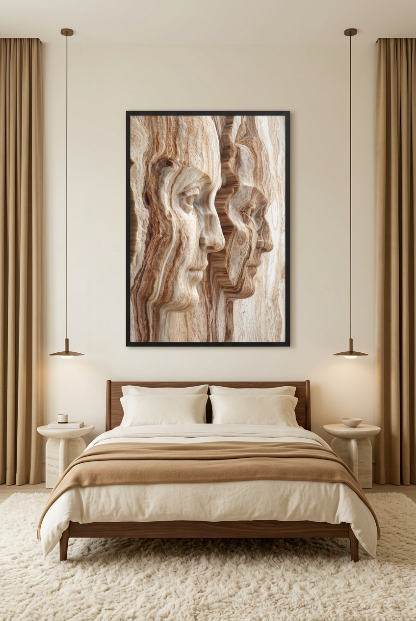 Imprints — poster in a black frame above a bed