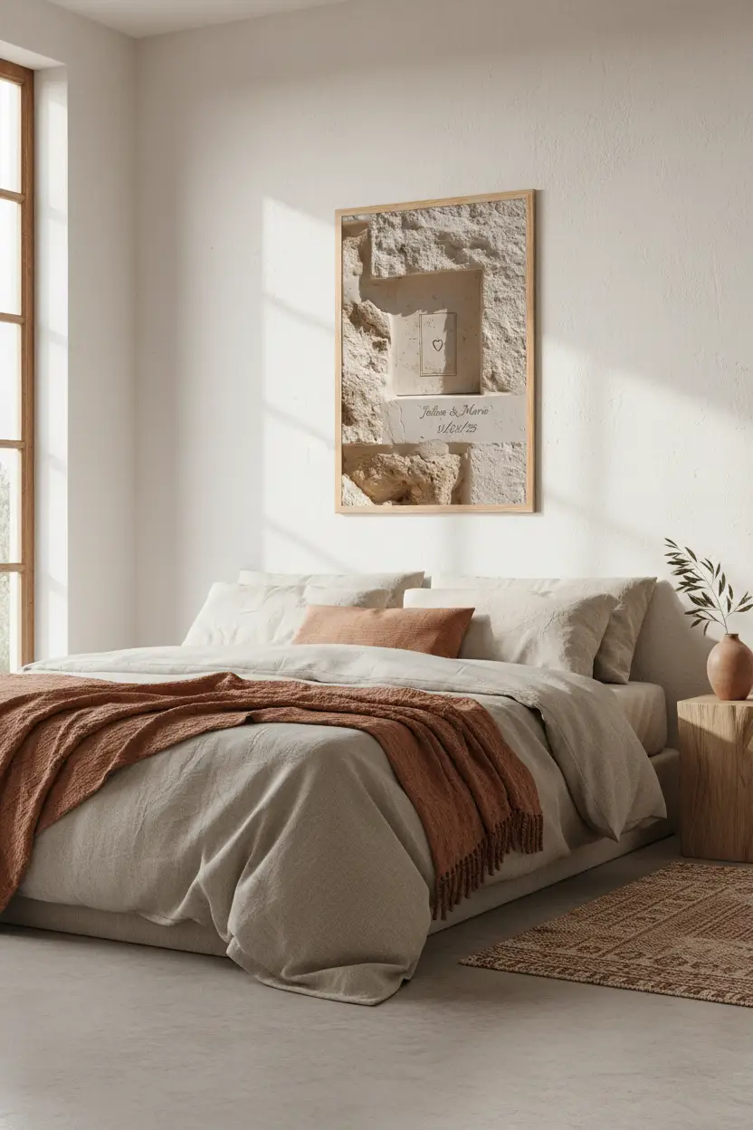 Gravé dans la Pierre, affiche murale minimaliste avec cadre bois, décoration murale salon ou chambre, style méditerranéen