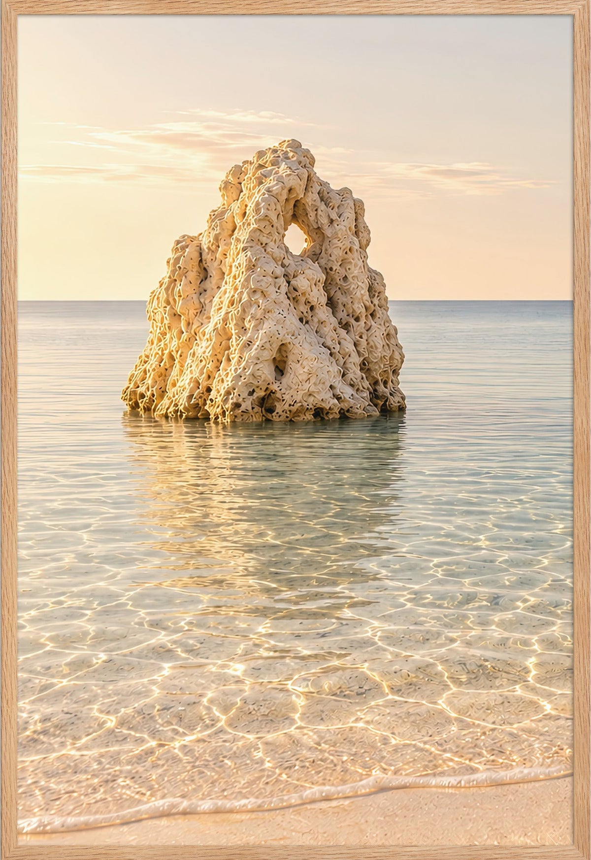 The Pierced Rock — solid oak frame, 61 × 91 cm