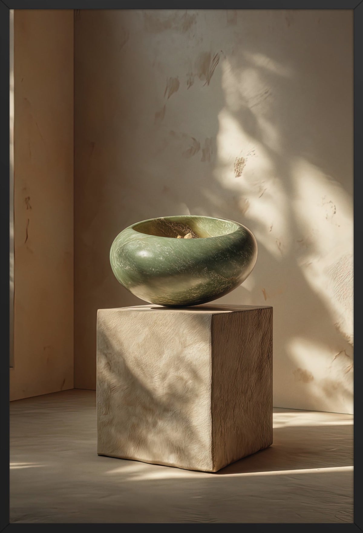 Poster La Giada e il Cubo — ciottolo verde giada in equilibrio su un cubo di pietra, in cornice nera, formato 61×91 cm
