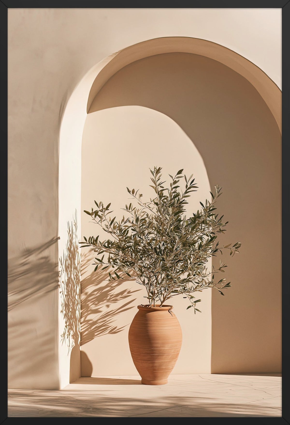 Poster The Rest Beneath the Arch — plaster arch and terracotta jar with an olive branch, in a black frame, 61×91 cm