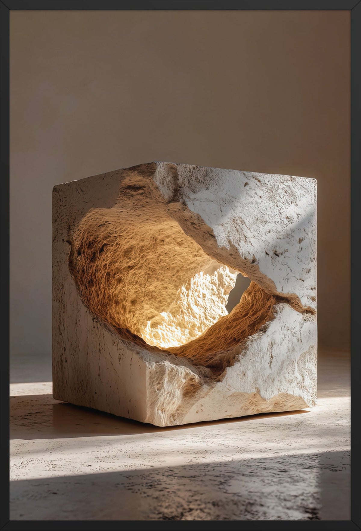 Poster De Gouden Ader — opengebroken steen met een gouden kern, in een zwarte lijst, formaat 61×91 cm
