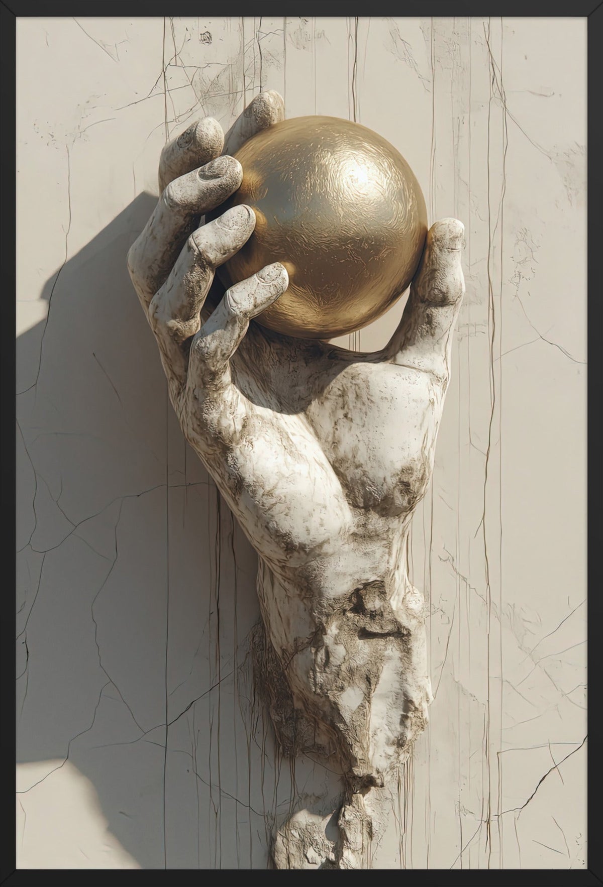 Poster The Held Orb — golden orb held by a hand of stone, in a black frame, 61×91 cm
