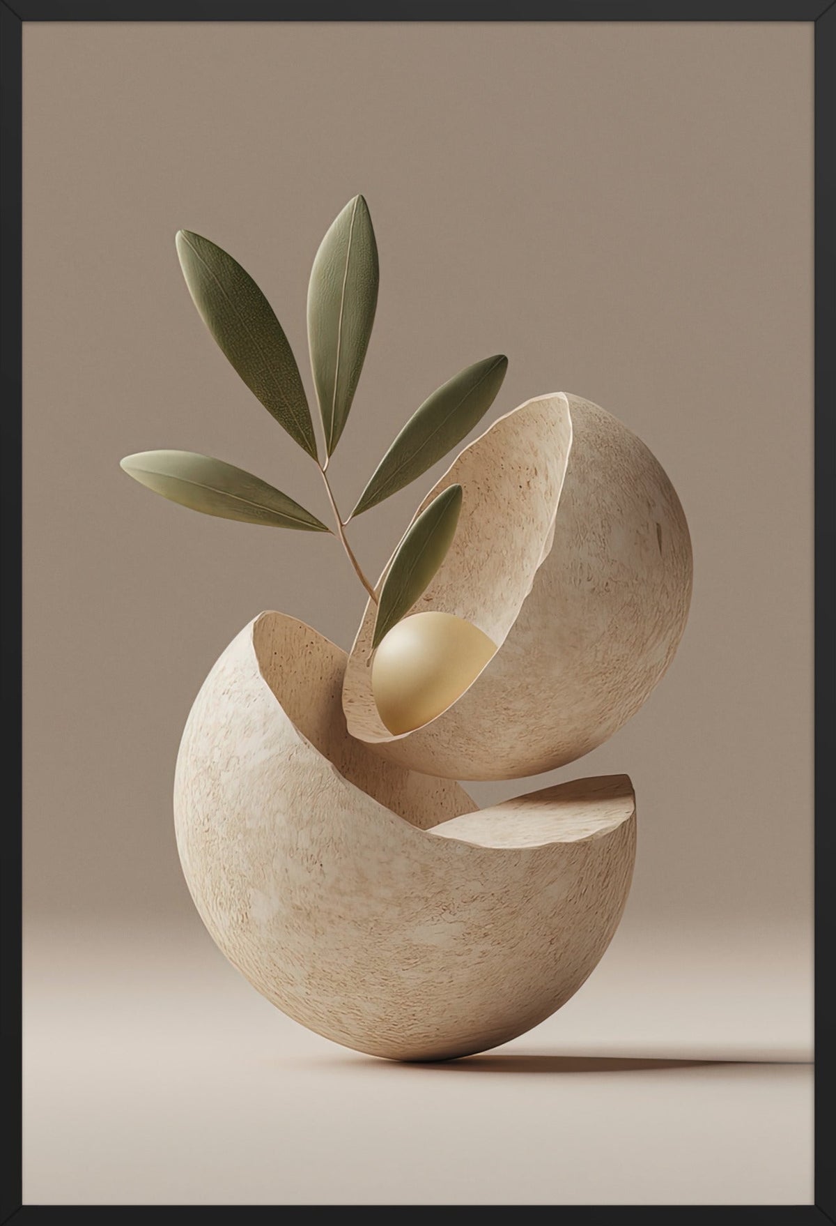 Poster The Opened Seed — opened stone seed with a single leaf, in a black frame, 61×91 cm