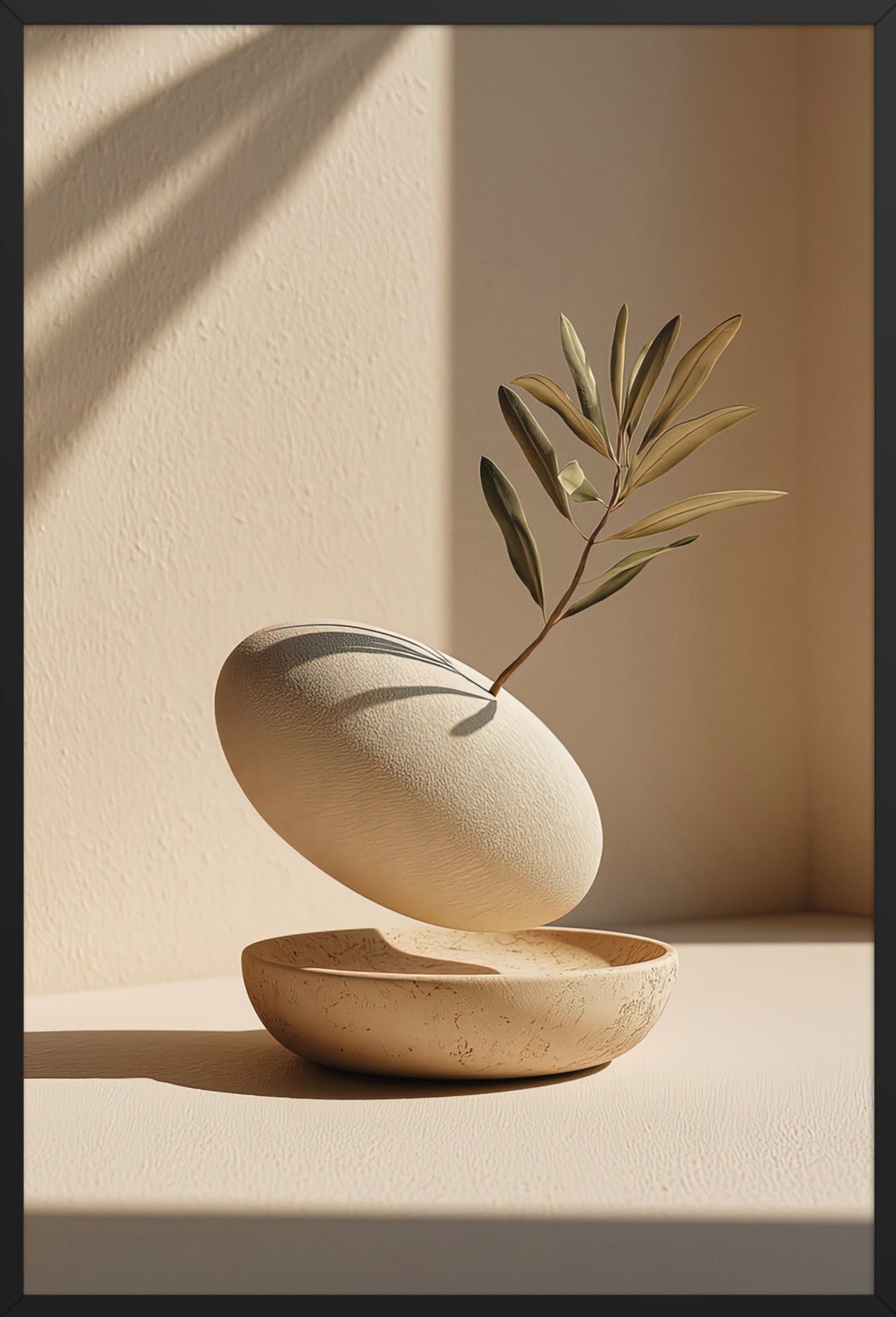 Poster The Hollow and the Branch — hollowed pebble holding a sprig, in a black frame, 61×91 cm