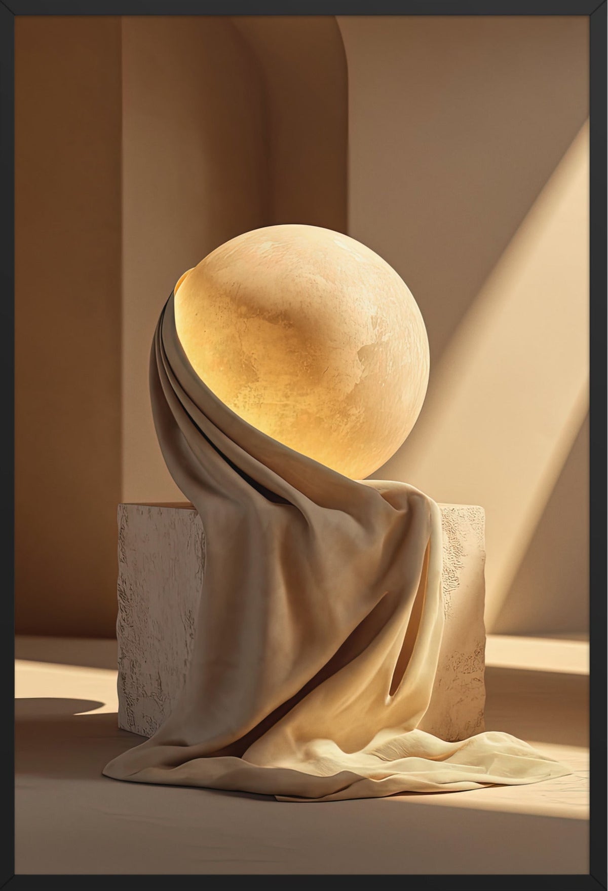 Poster L'Astro Drappeggiato — disco solare dorato avvolto in un drappo, in cornice nera, formato 61×91 cm