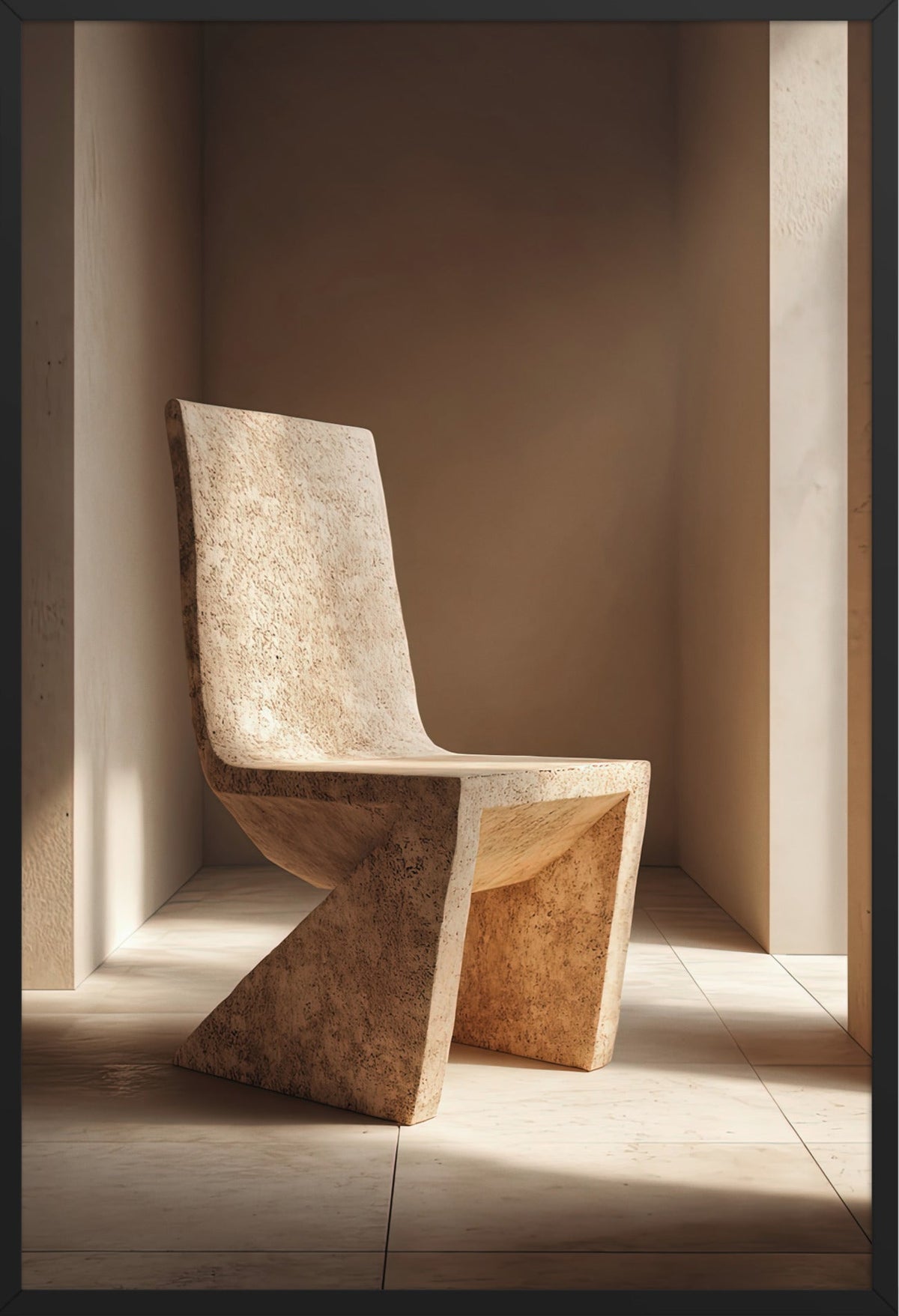 Poster Il Sedile Scolpito — sedia scolpita in un blocco di pietra chiara, in cornice nera, formato 61×91 cm