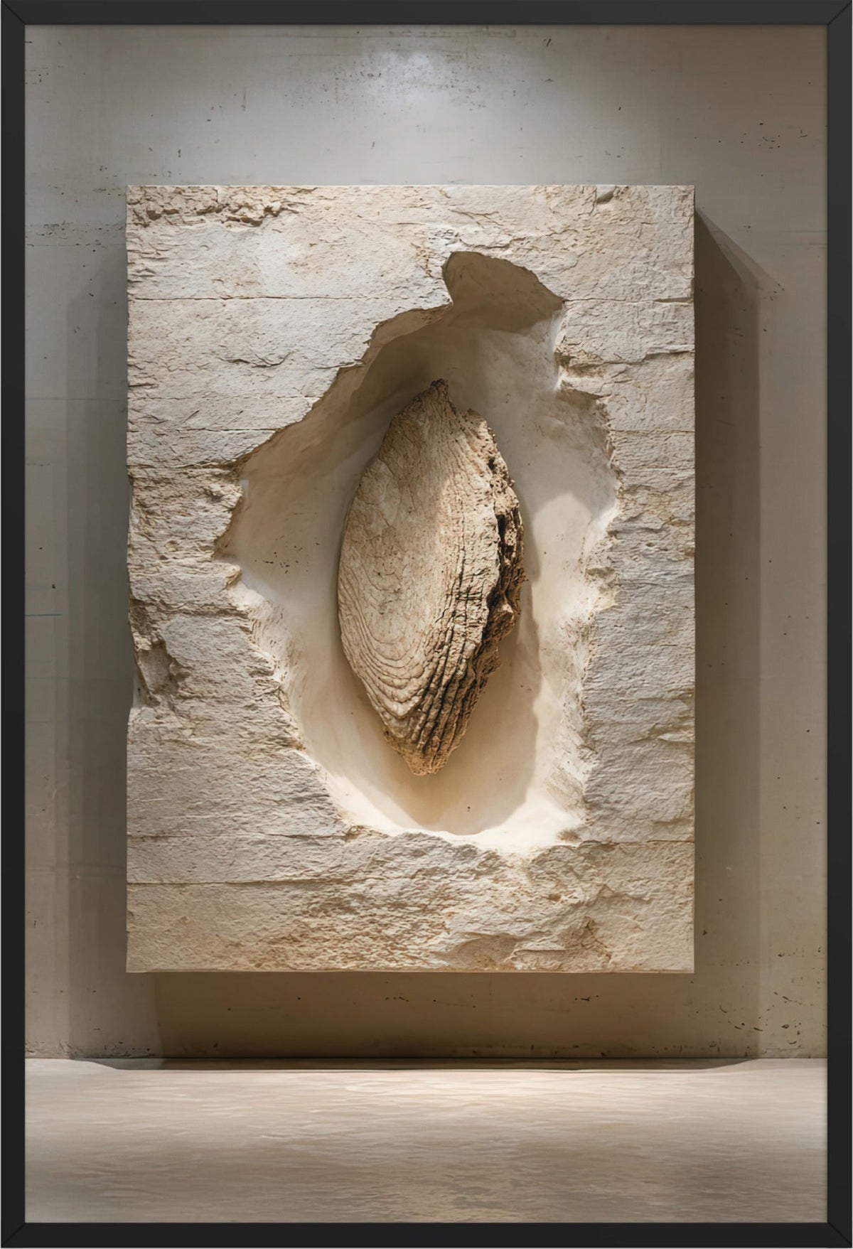 Poster De Ingebedde Schelp — parelmoeren schelp verzonken in een travertijnen plaat, in een zwarte lijst, formaat 61×91 cm