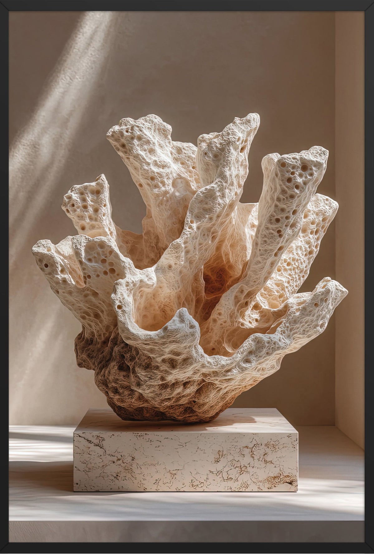 Poster Il Cespuglio di Sale — corallo bianco ramificato su un basamento di pietra grezza, in cornice nera, formato 61×91 cm