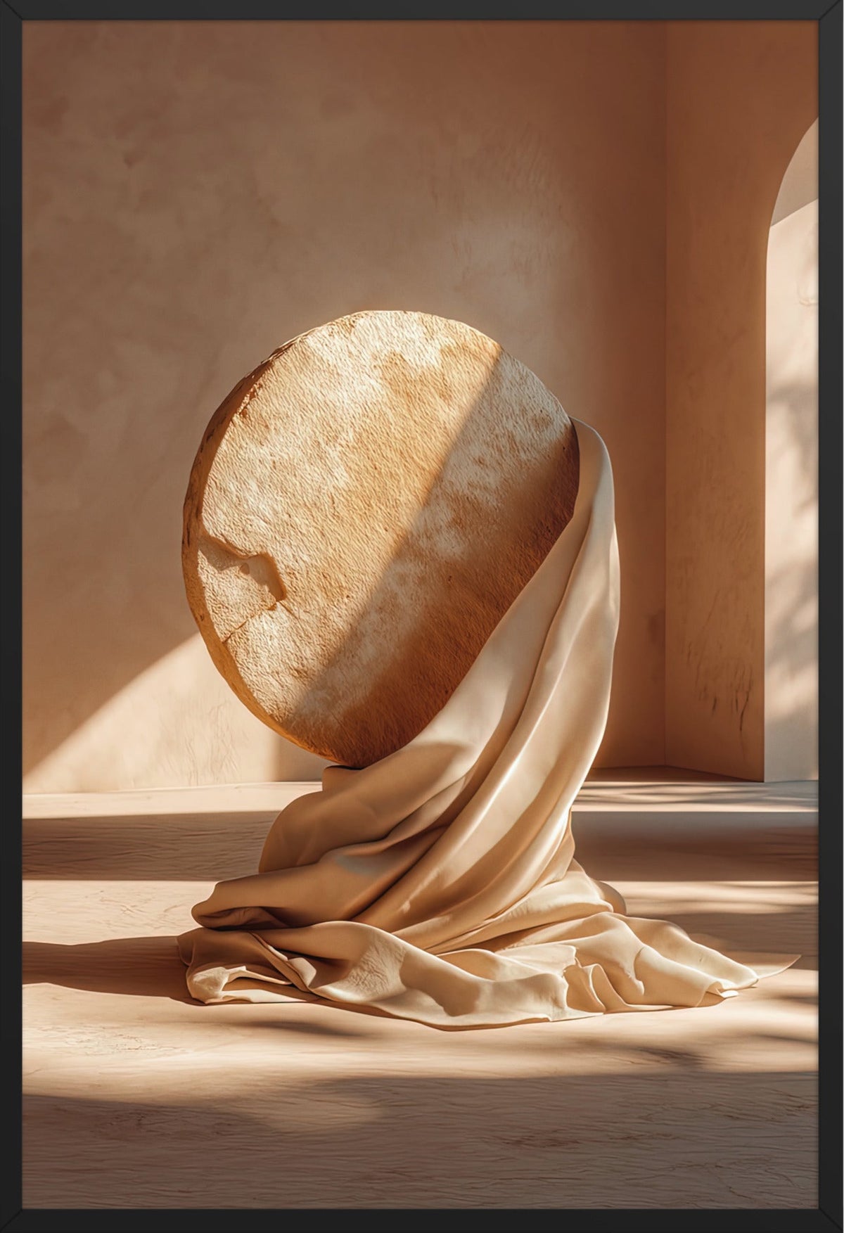 Poster The Wrapped Sphere — veined stone sphere resting on drapery, in a black frame, 61×91 cm