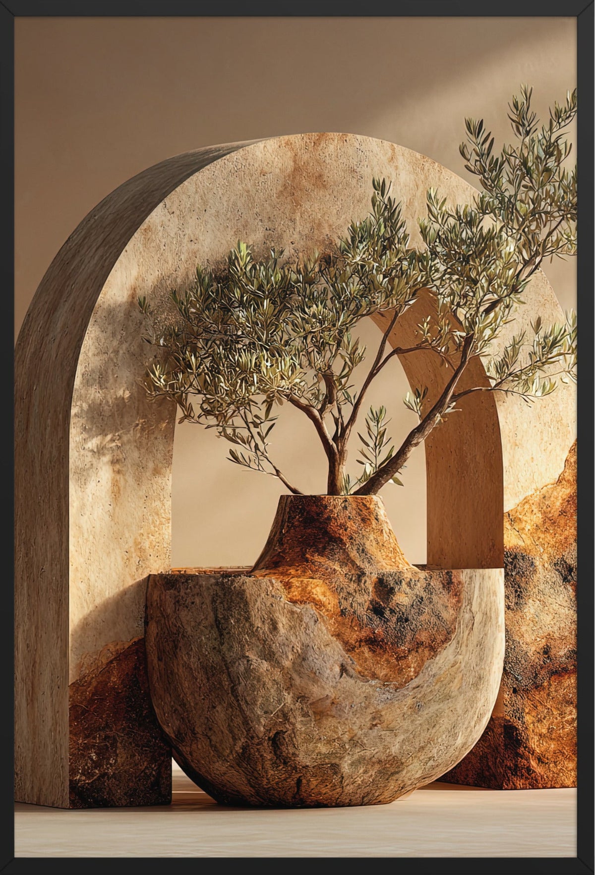 The Olive Tree in the Bowl — framed in black, 61 × 91 cm