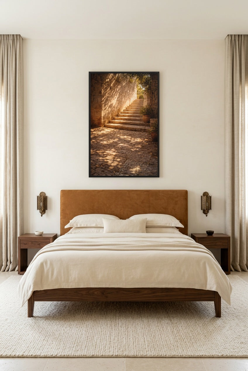 L’Escalier du Jardin — poster in a black frame in a bedroom