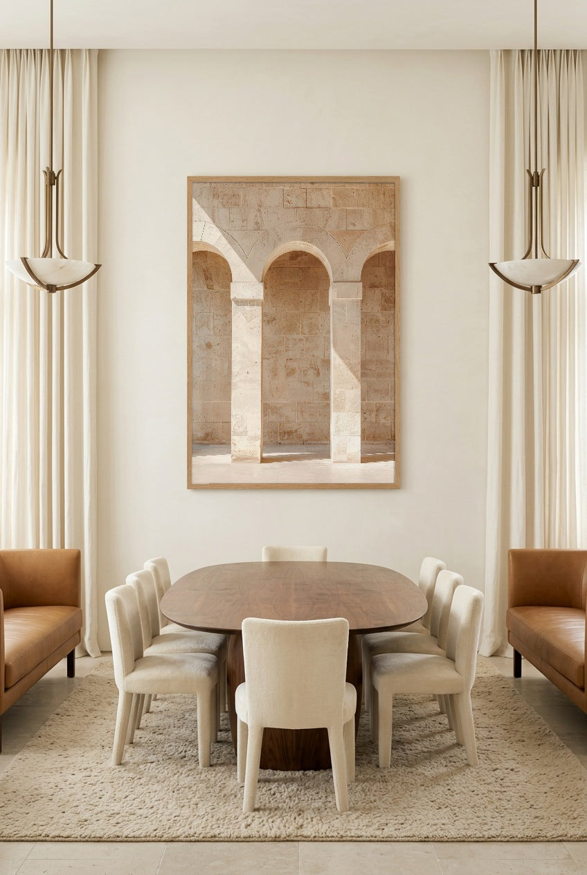 Les Trois Arches — poster com moldura de carvalho numa sala de jantar