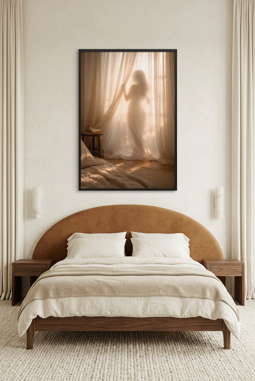 Le Voile du Matin — poster in zwarte lijst in een slaapkamer