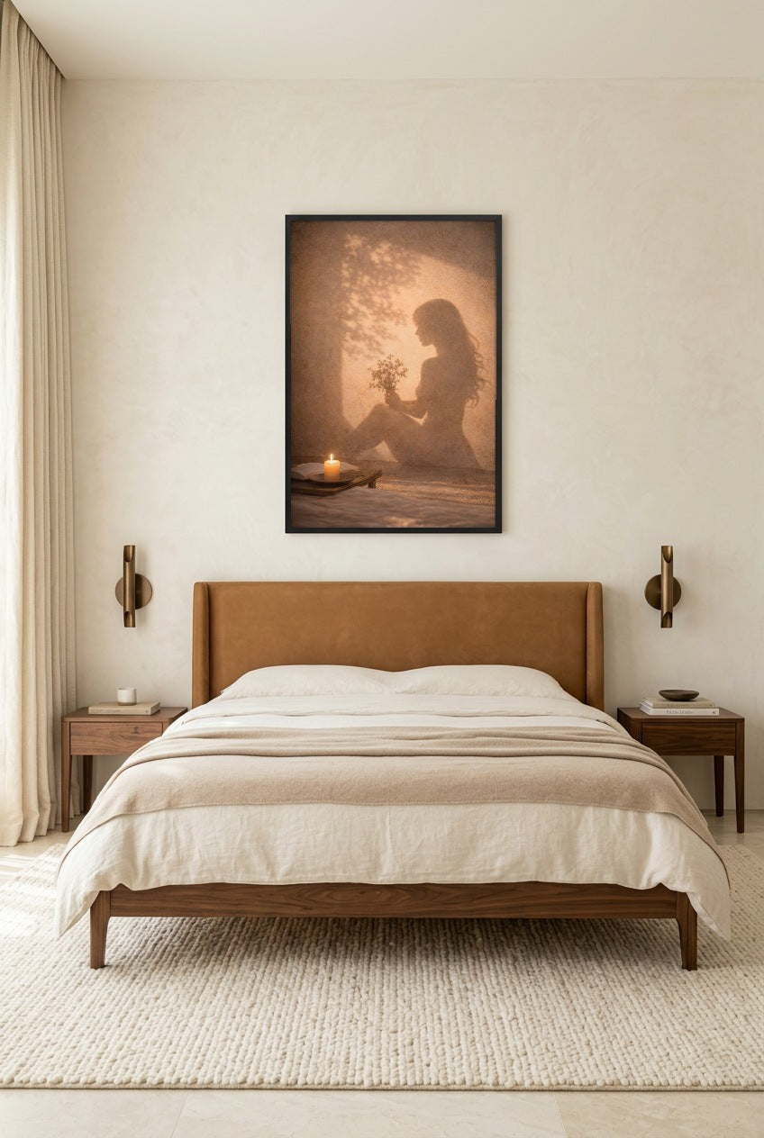 L’Offrande Silencieuse — poster in zwarte lijst in een slaapkamer