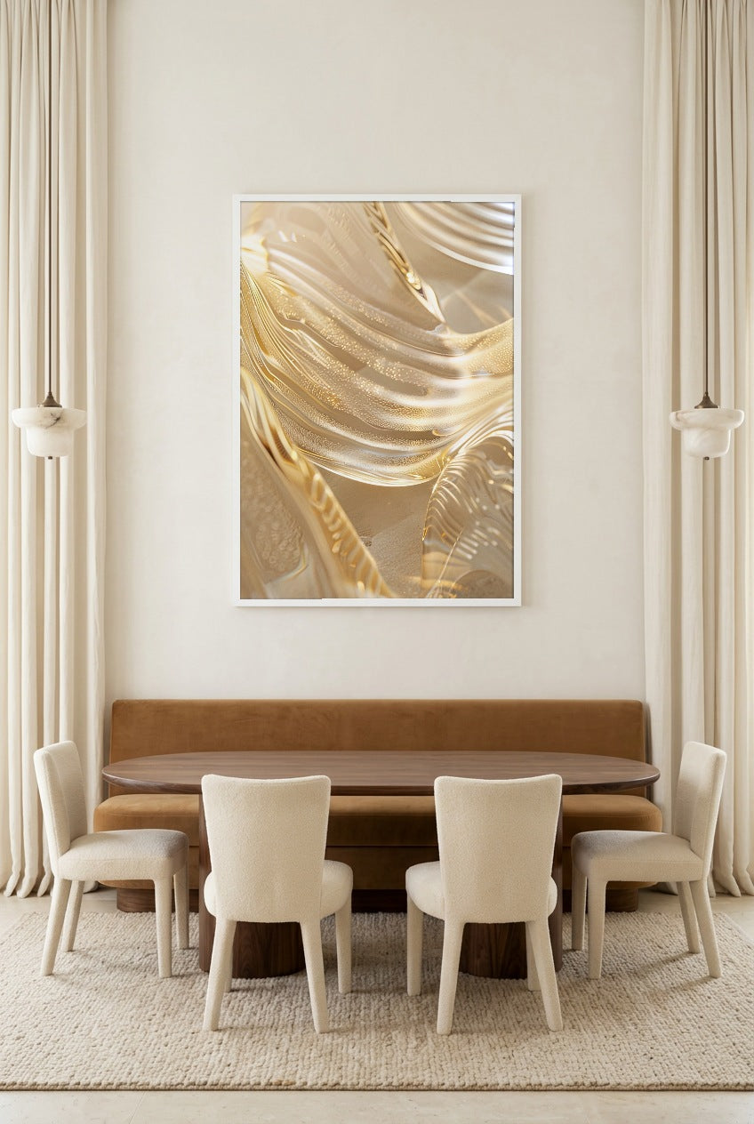 L’Or Fondu — poster com moldura branca numa sala de jantar