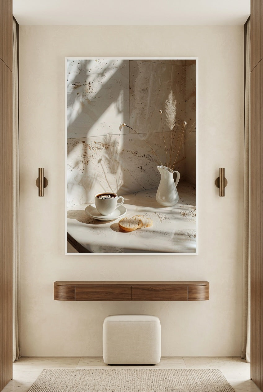 Le Matin Travertin — poster in a white frame in an entryway