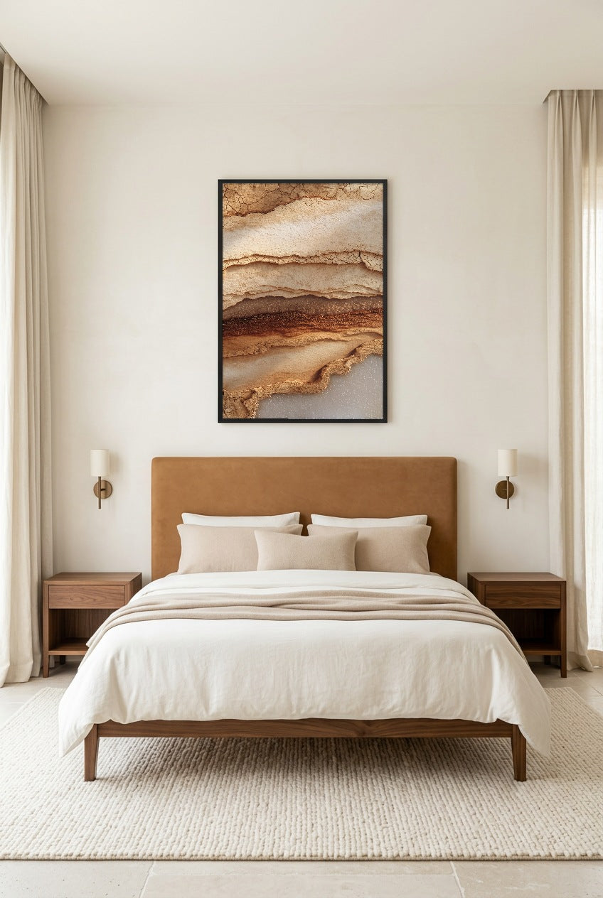 Les Strates de l’Ocre — poster in a black frame in a bedroom