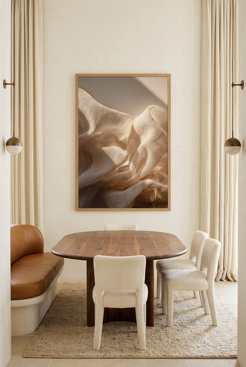 Les Vagues de Lin — poster in an oak frame in a dining room