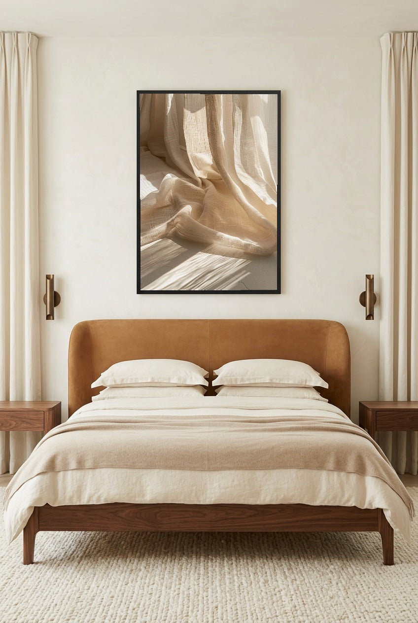 Le Rideau de Lin — Poster im schwarzen Rahmen im Schlafzimmer