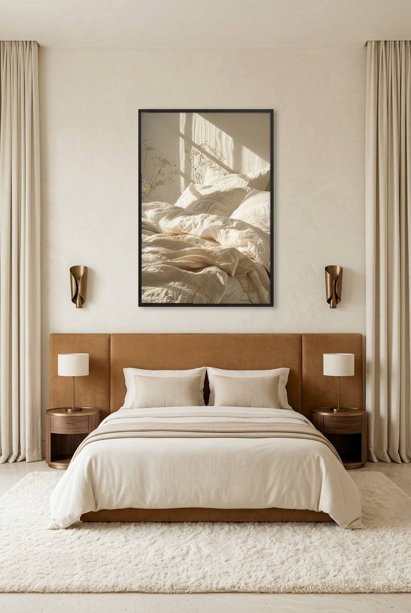 Le Lit du Matin — poster in a black frame in a bedroom