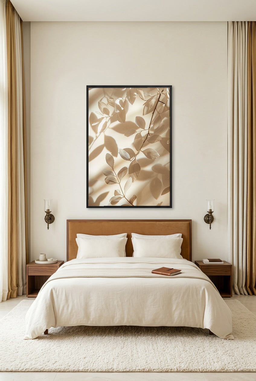 Les Feuilles et leurs Ombres — poster in zwarte lijst in een slaapkamer