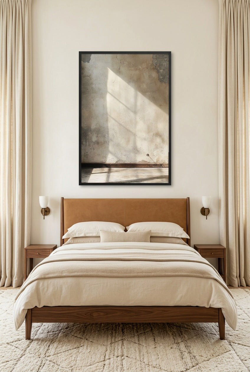 Le Mur et la Lumière — affiche en cadre noir dans une chambre