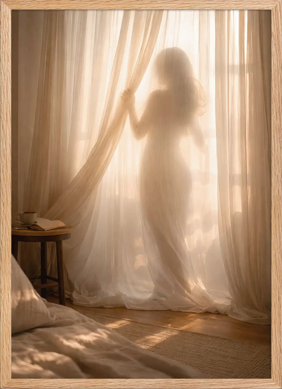Le Voile du Matin — Póster mural minimalista dorado silueta mujer  