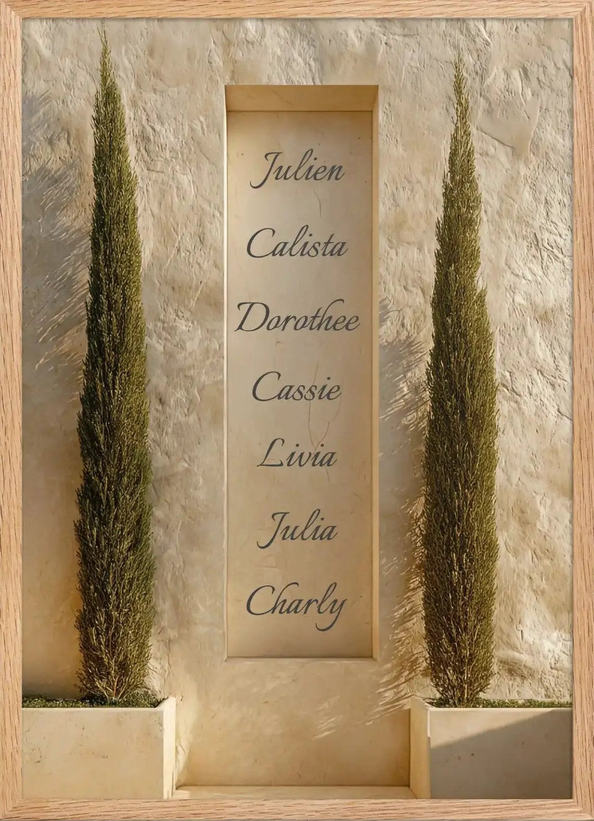 Les Cyprès de Famille — Affiche murale personnalisable prénoms, affiche murale minimaliste avec cadre bois, décoration murale salon ou chambre, style méditerranéen
