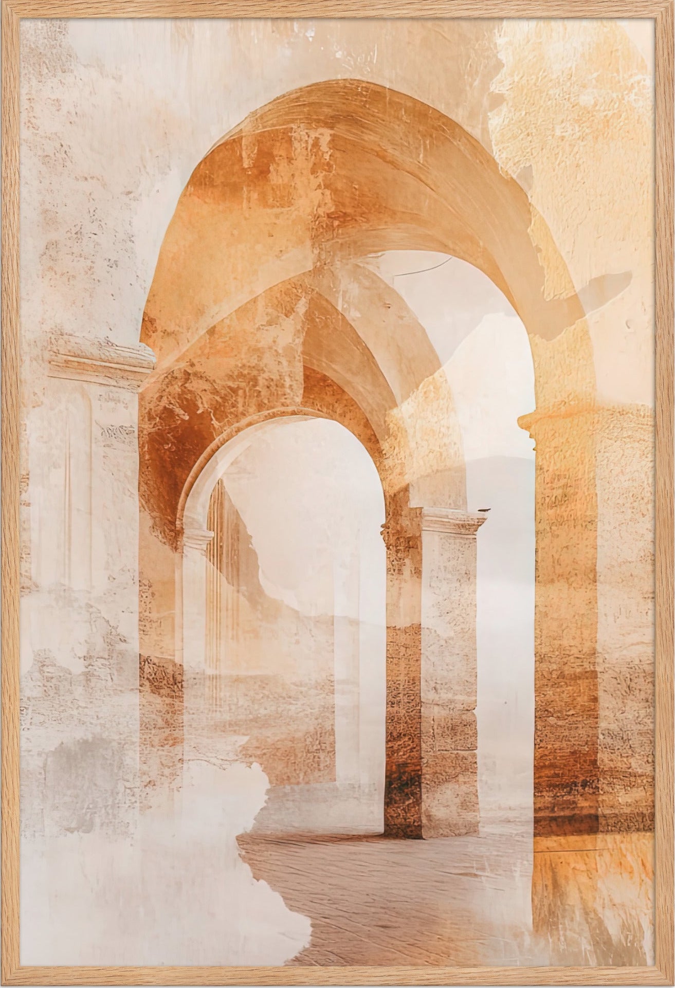 The Golden Arches poster in a solid oak frame — Romanesque arches in a row, gold watercolor