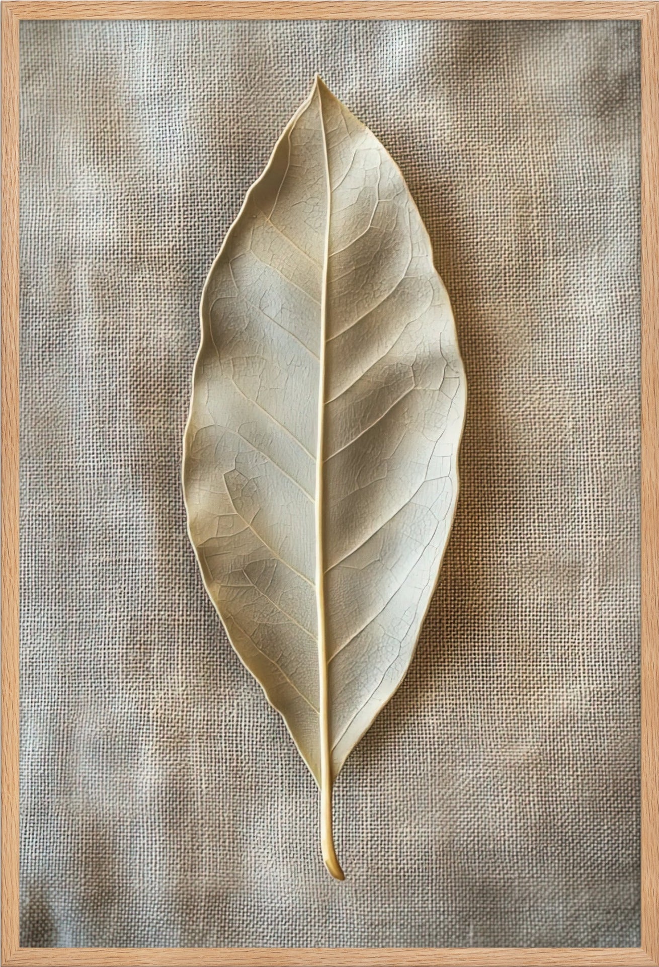 The Bay Leaf poster in a solid oak frame — dried bay leaf on a jute ground